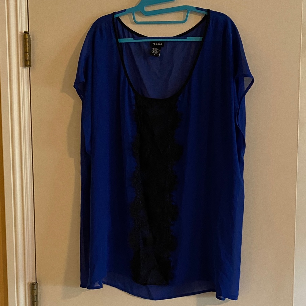 Torrid Royal Blue Blouse with Black Lace Accent
